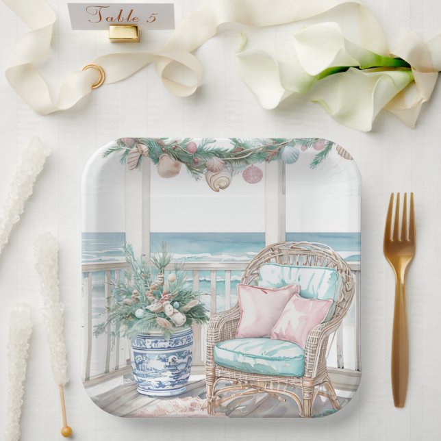 Coastal Christmas Porch Scene Paper Plate (Wedding)