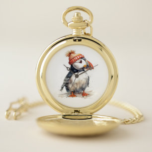 Coastal Christmas Puffin Winter Knit Hat Pocket Watch