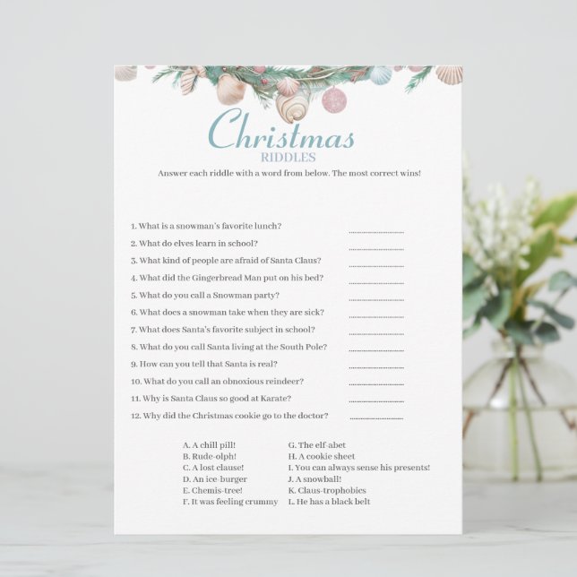 Coastal  Christmas Riddles game card (Standing Front)