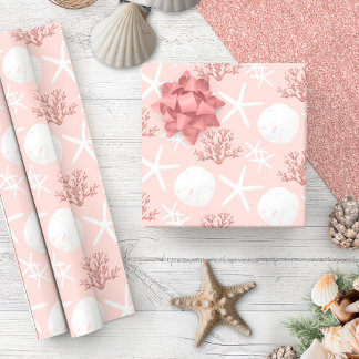 Coastal Christmas Rose Gold Starfish Sand Dollar Wrapping Paper