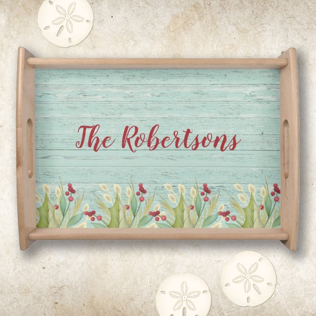 Coastal Christmas Rustic Beach Serving Tray (An elegant Christmas bech themed serving tray with rustic wood and sea grass)