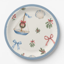 Coastal Christmas Sailboat & Bows Holiday 9”