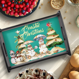Coastal Christmas Sand Snowmen Serving Tray
