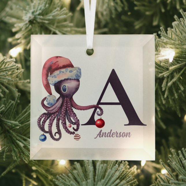 Coastal Christmas Santa Octopus Monogram Name Glass Ornament (Insitu)