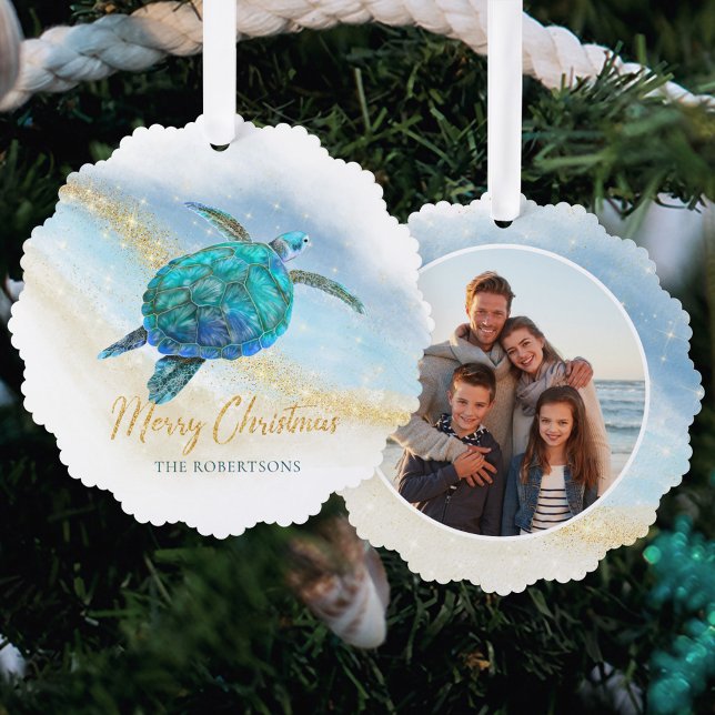 Coastal Christmas Sea Turtle Photo Ornament Card (Creator Uploaded)