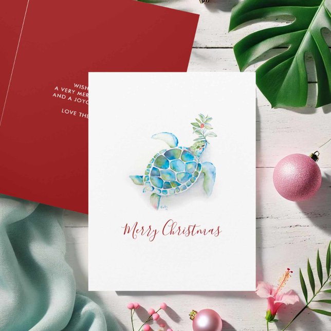 Coastal Christmas Sea Turtle Watercolor Holiday Card (Beach Christmas cards watercolor sea turtle art by Victoria Grigaliunas Do Tell A Belle)