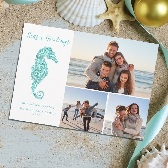 Coastal Christmas Seahorse Aqua Teal 3 Photo Holiday Card (Creator Uploaded)
