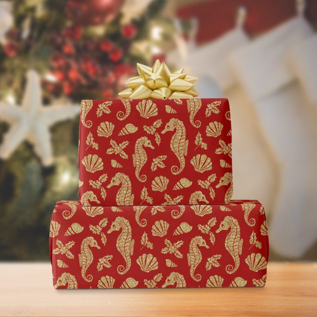 Coastal Christmas Seahorse Gold Glitter Red Wrapping Paper (Creator Uploaded)