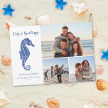Coastal Christmas Seahorse Navy Blue 3 Photo Holiday Card<br><div class="desc">This coastal themed 3 photo Christmas card features a cute navy blue glitter seahorse, with Seas n' Greetings script. The back has a festive holiday coastal pattern of glitter seahorses, shells, and holly sprigs. Check out the collection for matching products and other colorways, or message me through Zazzle Chat if...</div>
