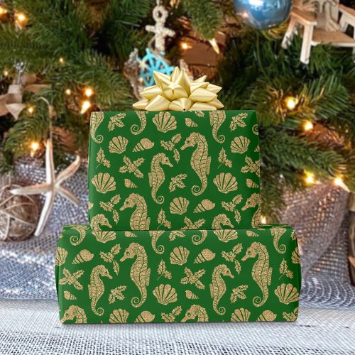 Coastal Christmas Seahorse Pattern Gold Green  Wrapping Paper