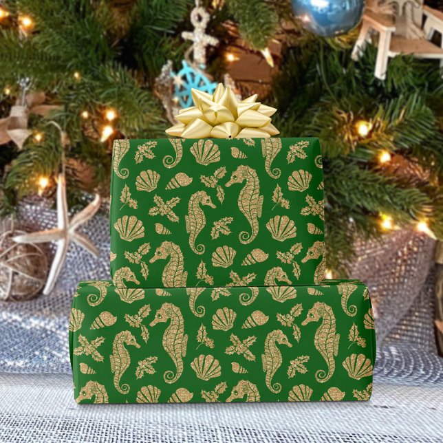 Coastal Christmas Seahorse Pattern Gold Green  Wrapping Paper (Creator Uploaded)