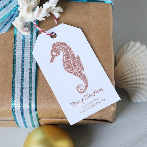 Coastal Christmas Seahorse Rose Gold Glitter Gift Tags