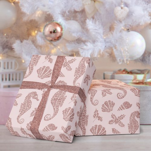 Coastal Christmas Seahorse Rose Gold Glitter Pink  Wrapping Paper