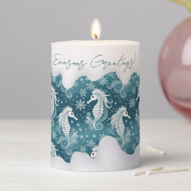 Coastal Christmas Seahorse & Snowflakes #13 ID1009 Pillar Candle (In Situ)