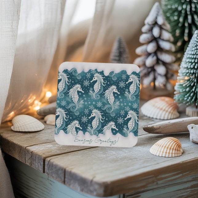 Coastal Christmas Seahorse & Snowflakes #13 ID1009 Square Paper Coaster (Creator Uploaded)
