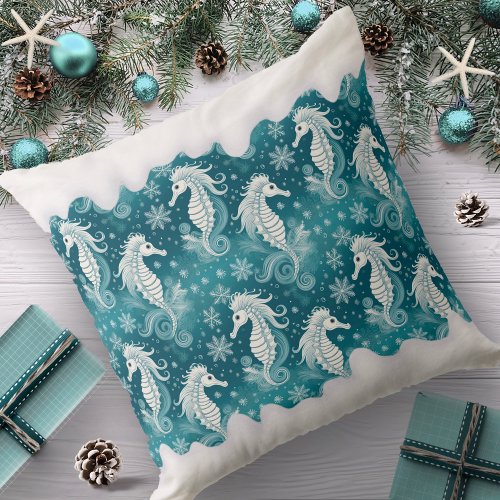 Coastal Christmas Seahorse  Snowflakes 13 ID1009 Throw Pillow