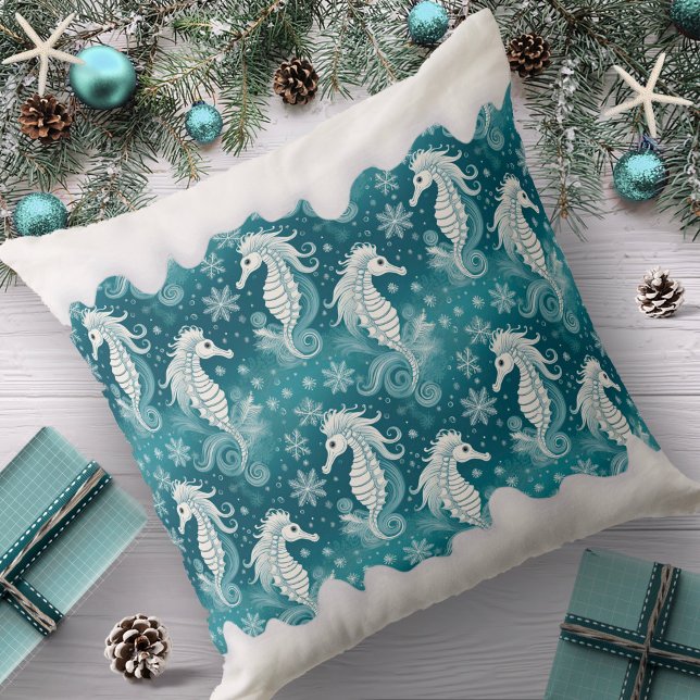 Coastal Christmas Seahorse & Snowflakes #13 ID1009 Throw Pillow (Creator Uploaded)