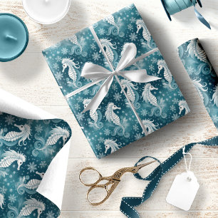 Coastal Christmas Seahorse & Snowflakes #13 ID1009 Wrapping Paper