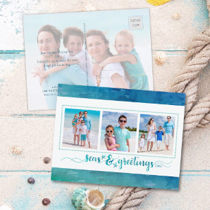 Coastal Christmas SEAS AND GREETINGS 4 Photos Holiday Postcard