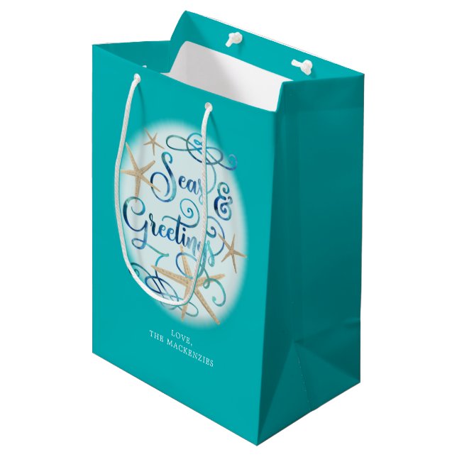 Coastal Christmas Seas and Greetings Starfish Medium Gift Bag (Front Angled)