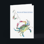 Coastal Christmas Seas and Greetings Watercolor Card<br><div class="desc">This beach theme watercolor Christmas card features a replica of my original hand painted blue crab and holiday lights on a crisp white background. The words Seas and Greetings are set in serif typography in blue. The inside is is blank for you to add your personalized greeting. To see more...</div>