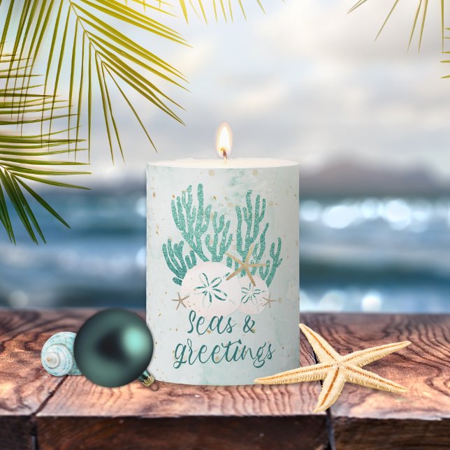 Coastal Christmas SEAS & GREETINGS Glitter Coral Pillar Candle (Creator Uploaded)