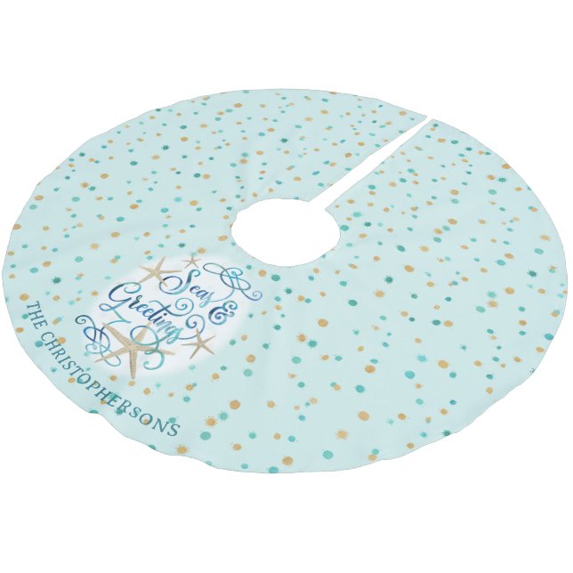 Coastal Christmas SEAS & GREETINGS Name Brushed Polyester Tree Skirt (Angled)