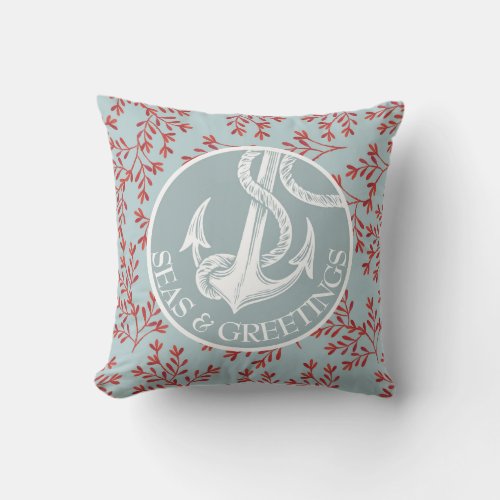 Coastal Christmas Seas  Greetings Nautical Anchor Outdoor Pillow