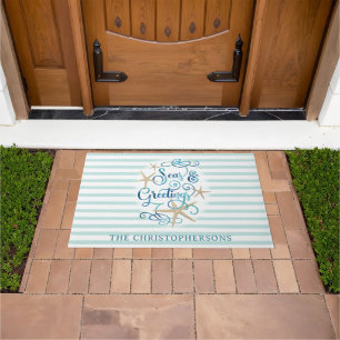 Coastal Christmas SEAS & GREETINGS Personalized Doormat