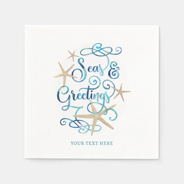 Coastal Christmas SEAS & GREETINGS Personalized Napkins (Front)