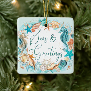 Coastal Christmas SEAS & GREETINGS Starfish Shells Ceramic Ornament