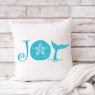 Coastal Christmas Seashell Joy Typography Throw Pillow
