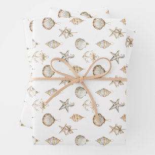 Coastal Christmas Seashell Ornaments Wrapping Paper Sheets