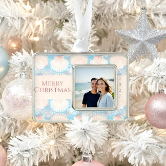 Coastal Christmas Seashell Starfish Photo Ornament