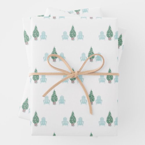 Coastal Christmas Seashell Tree Adirondack Chairs Wrapping Paper Sheets