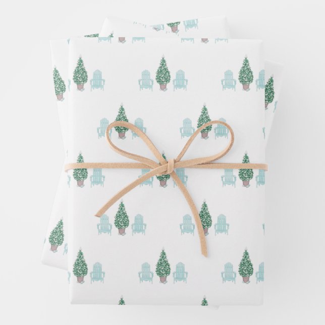 Coastal Christmas Seashell Tree Adirondack Chairs Wrapping Paper Sheets (In situ)