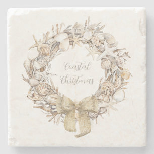 Coastal Christmas Seashell Wreath Holiday Stone Coaster