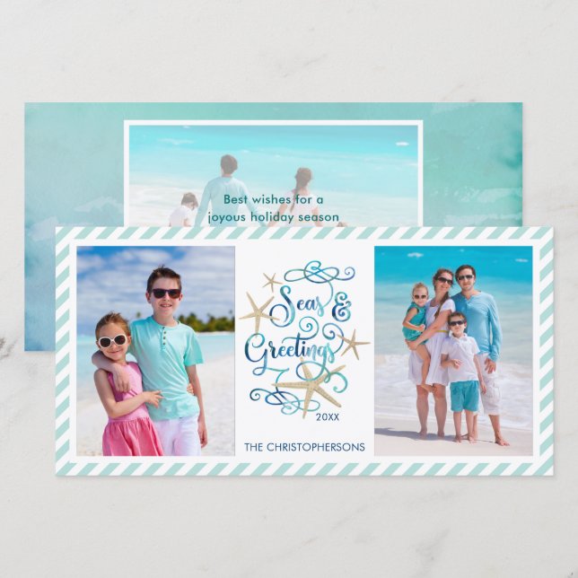 Coastal Christmas SEAsons Greetings 3 Photos Holiday Card (Front/Back)