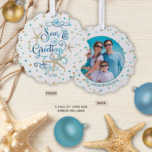 Coastal Christmas SEAsons Greetings Photo Ornament Card