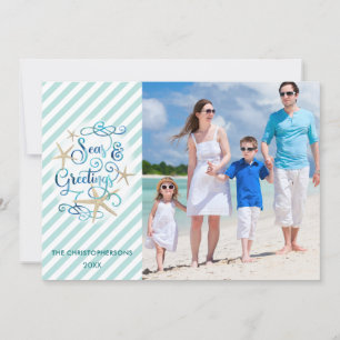 Coastal Christmas SEAsons Greetings Photo Stripes Holiday Card