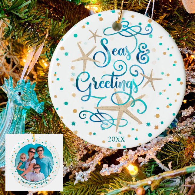 Coastal Christmas SEAsons Greetings Script Photo Ceramic Ornament (Creator Uploaded)