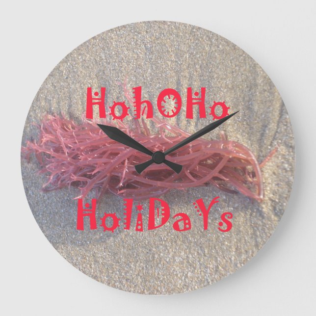 Coastal Christmas: Seaweed on Ash Gray Sand Festiv Large Clock (Front)