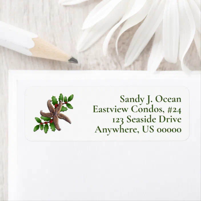 Coastal Christmas Starfish Holly Return Address Label | Zazzle