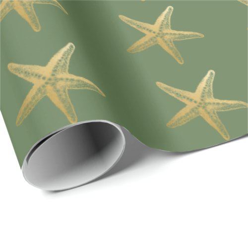 Coastal Christmas Starfish on Green Wrapping Paper