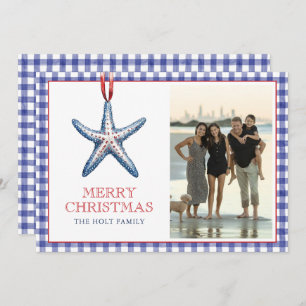 Coastal Christmas Starfish Ornament Gingham Photo Holiday Card