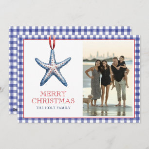 Coastal Christmas Starfish Ornament Gingham Photo Holiday Card