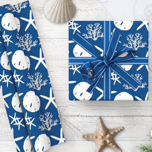 Coastal Christmas Starfish Sand Dollar Navy Blue Wrapping Paper