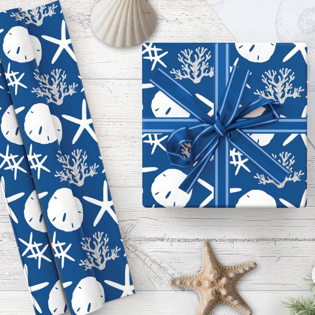 Coastal Christmas Starfish Sand Dollar Navy Blue  Wrapping Paper (Creator Uploaded)