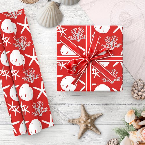 Coastal Christmas Starfish Sand Dollar Red Wrapping Paper