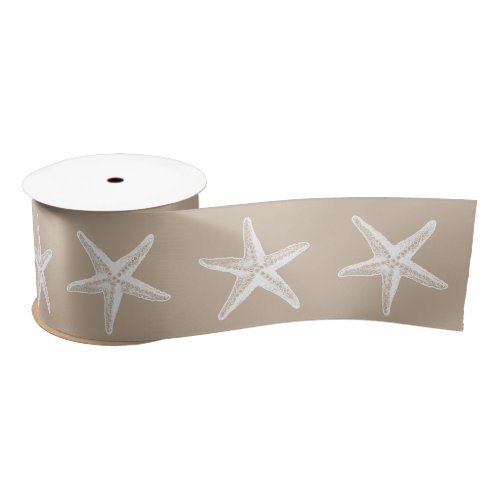 Coastal Christmas Tan Kraft White Starfish Satin Ribbon